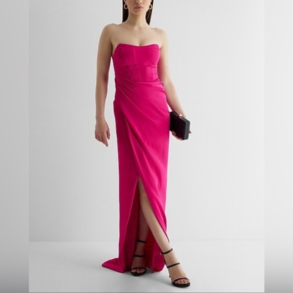Express Women’s 2 Pink Satin Strapless Corset Gown Dress XS Formal Slit
